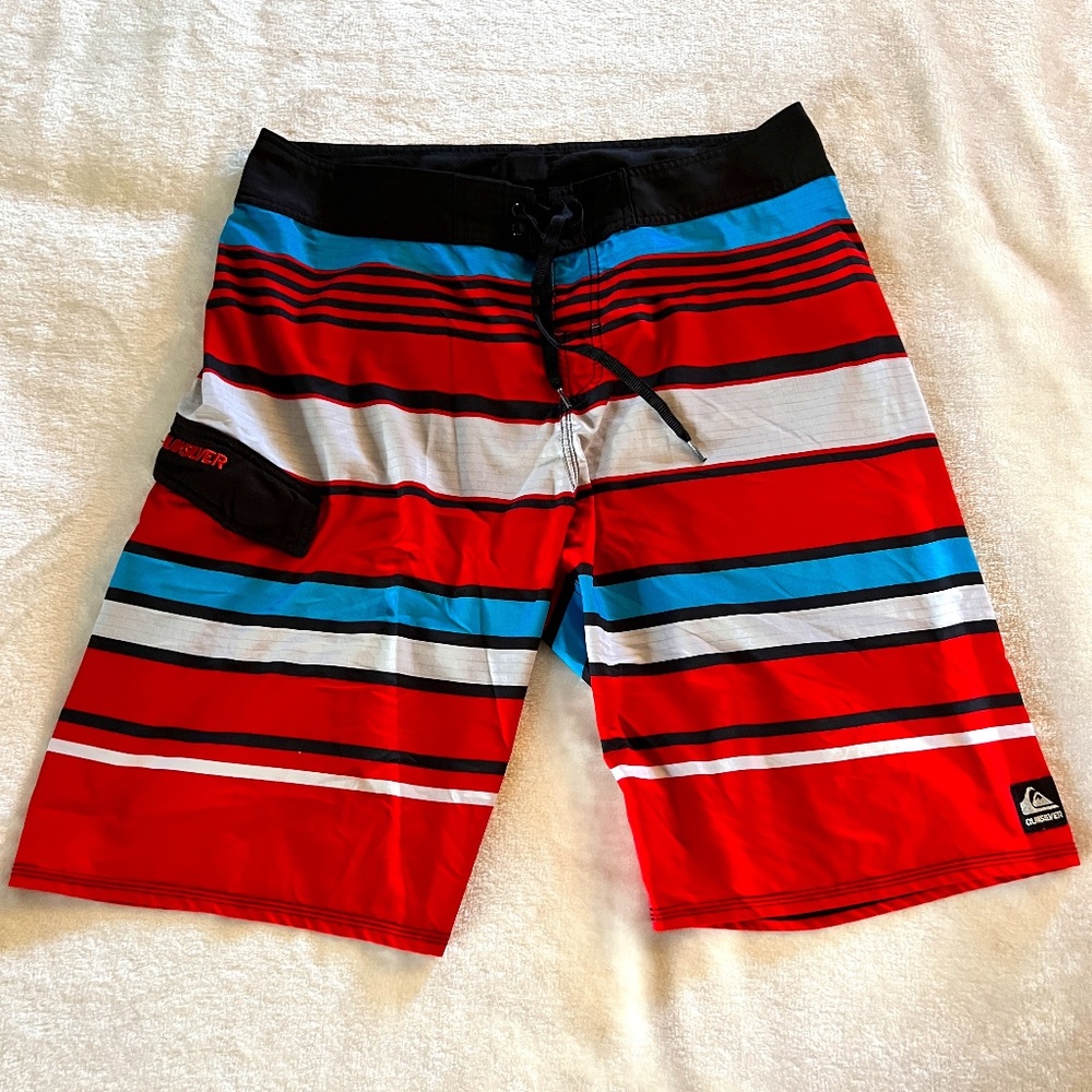 QuickSilver Red, Black, Blue and White Board Shorts